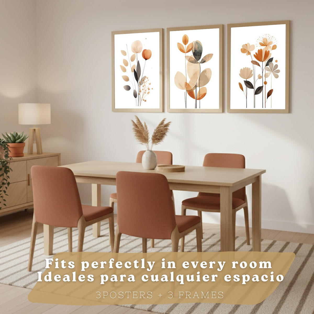 POSTER 3er-Set Wandbilder Orange Blumen modern Wohnzimmer Deko, Schlafzimmer, Küche, Badezimmer Leichter Holzrahmen A3 - Beige, Papier (29.7/1/42cm) - Nacnic