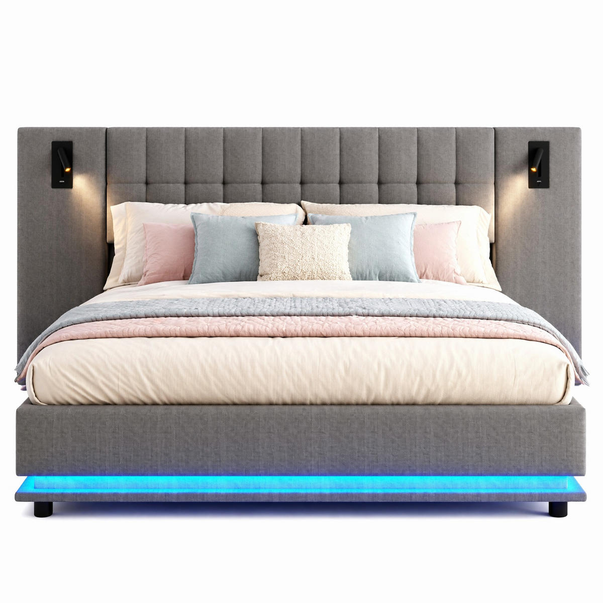 POLSTERBETT 180/200 cm in Grau mit LED, Spot und USB Leinen - Grau, Holzwerkstoff/Textil (180/200cm) - CHICFURN