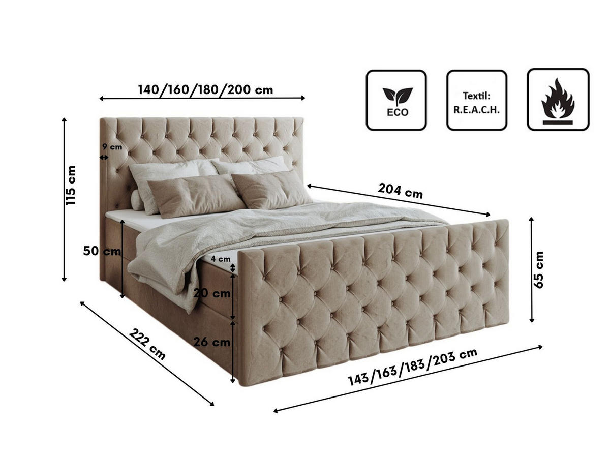 KONTINENTALBETT Mars Mit Bettkasten Stoff Riviera Biscut 180x200 cm - Sandfarben, Holz (180/200cm) - Kaiser Möbel