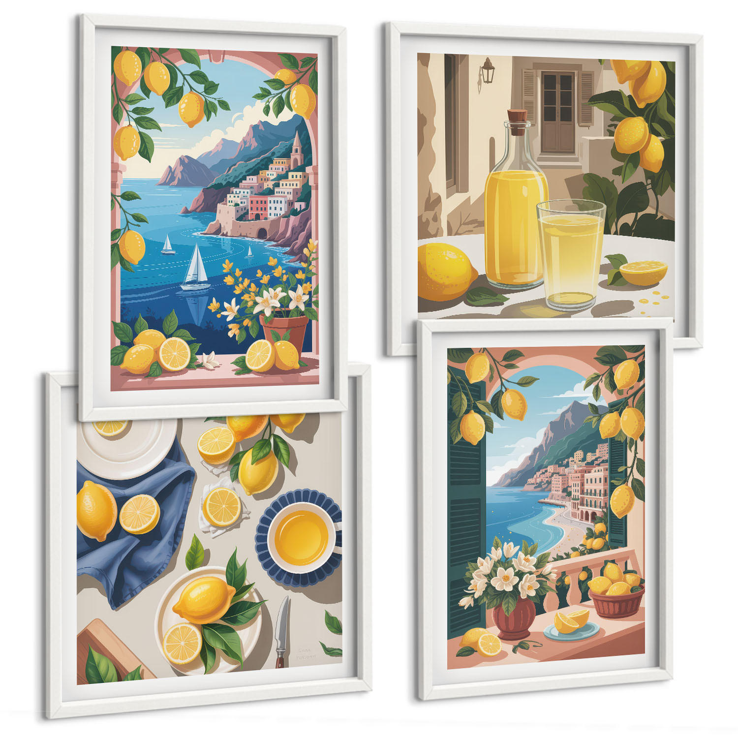BILDER SET 4er Set - 50x50 cm & 40x60 cm Weißer Rahmen - Meerblick, italienische Zitronen - Weiß, Kunststoff (50/50cm) - TULUP