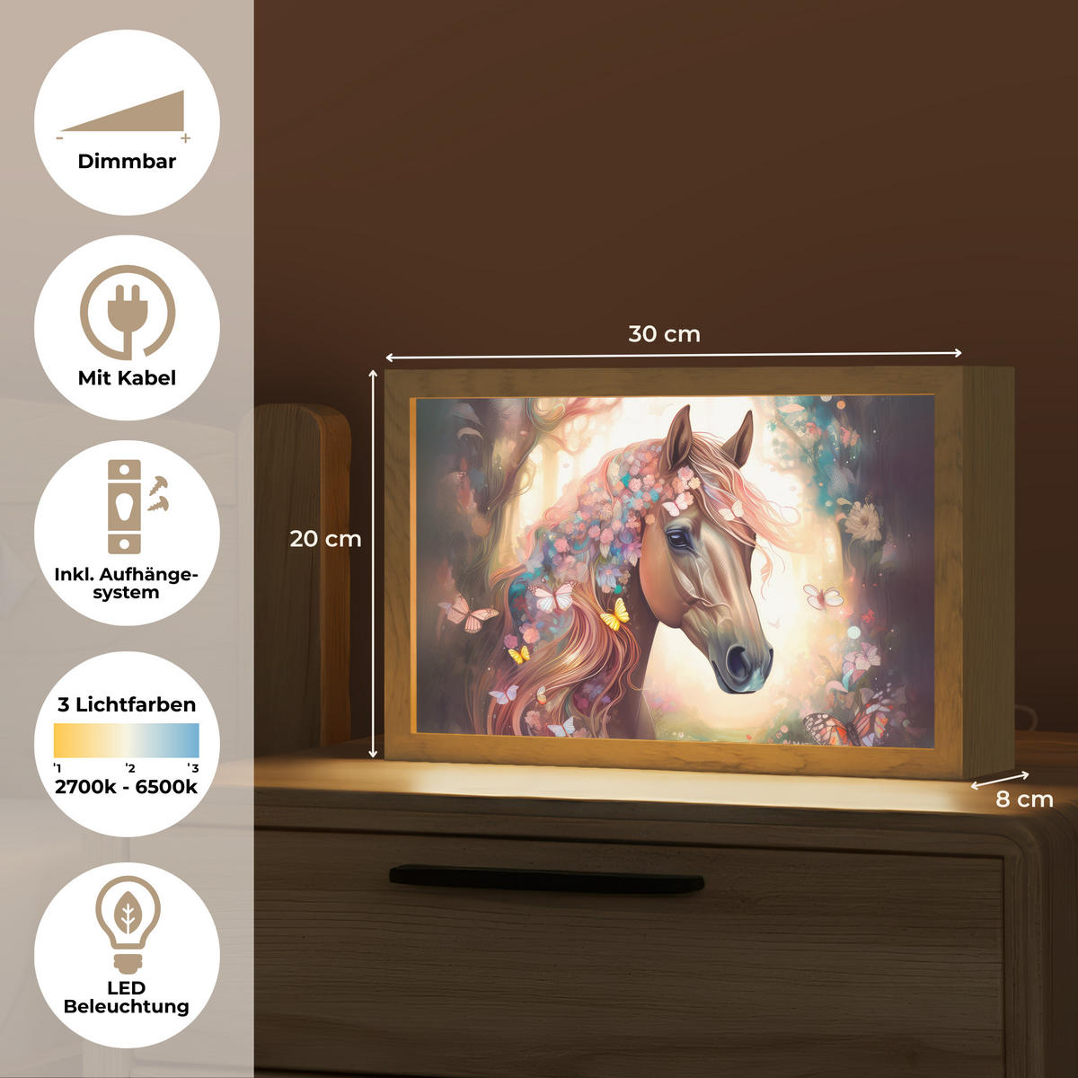 NACHTTISCHLAMPE Pferd - Natur - Blumen - Schmetterlinge - Wald 30x20 cm - Dunkelbraun, Holzwerkstoff (8/30/20cm)