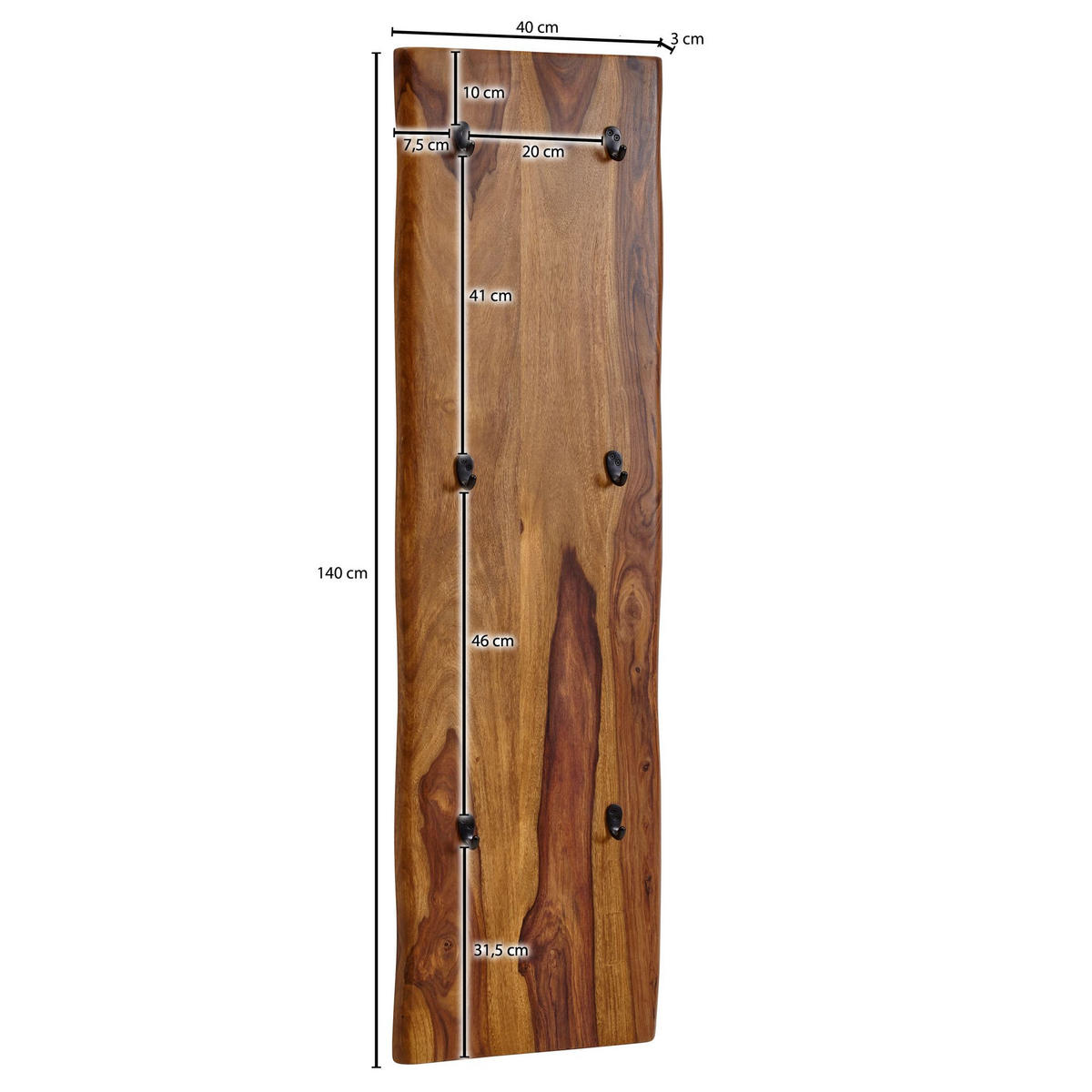 WANDGARDEROBE Massivholz Metall Modern mit Baumkante und 6 Haken - Braun, Holz (40/140/7cm) - KADIMA DESIGN