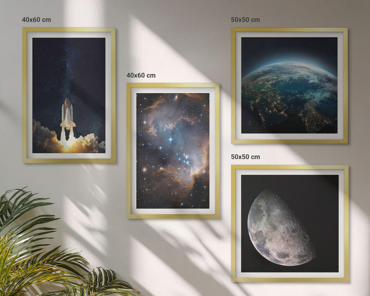 BILDER SET 4er Set - 50x50 cm & 40x60 cm Goldrahmen - Weltraum Erde Rakete Galaxie - Goldfarben, Kunststoff (50/50cm) - TULUP