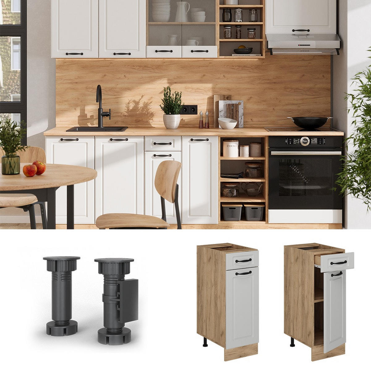 KÜCHENUNTERSCHRANK R-Line Weiß Landhaus 30 cm AP Marmor - Honigeiche/Weiß, Holzwerkstoff (30/81.6/60cm) - Vicco