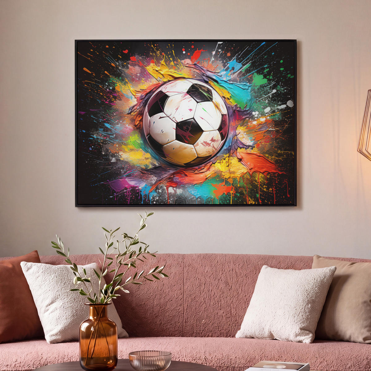 LEINWAND Bilder mit Rahmen - Fußball - Farbe - Farben - Schwarz - Weiß - 100x70 - Weiß, Textil (100/70cm) - MuchoWow