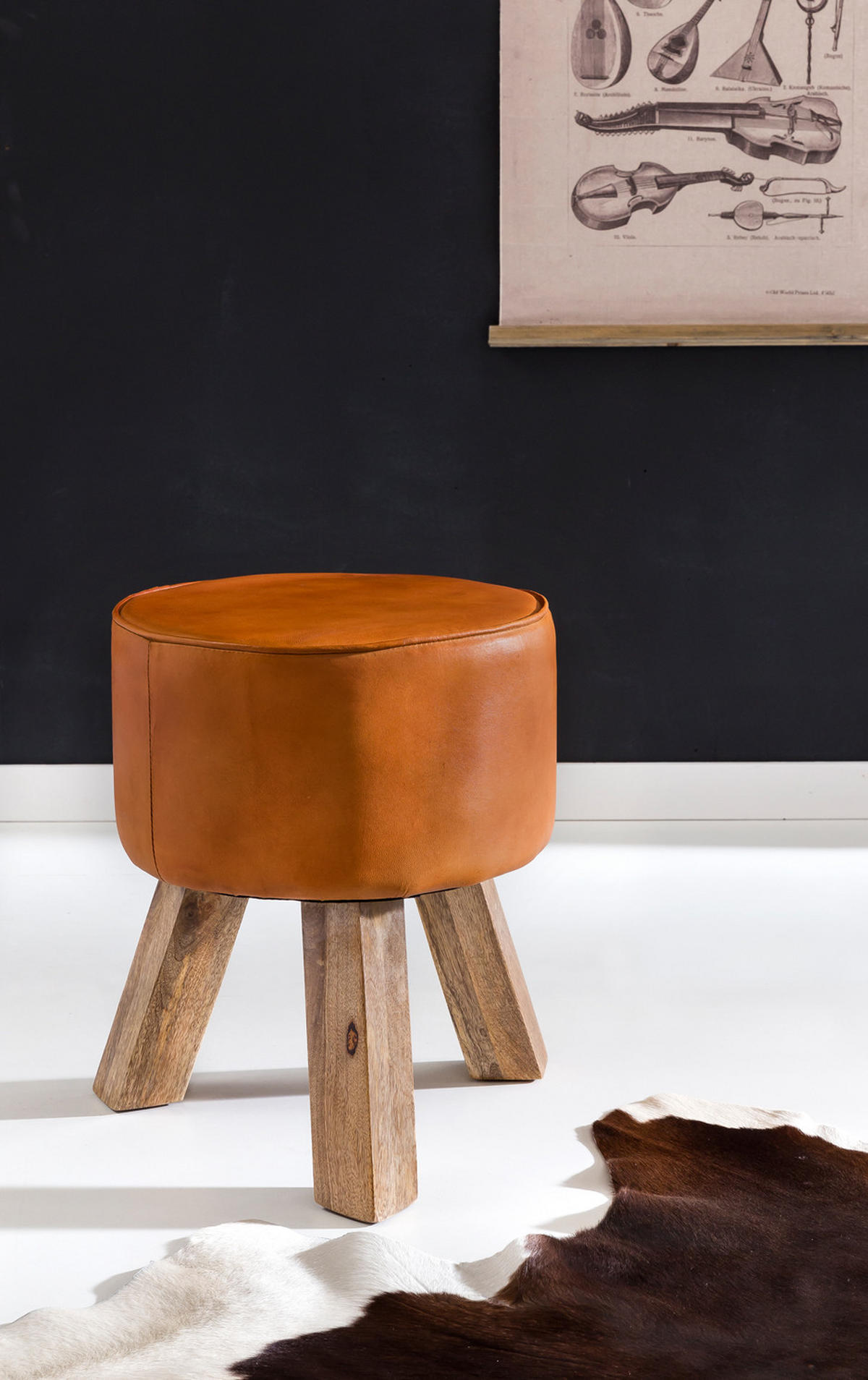 SITZHOCKER – Ziegenleder/Holz, 45 cm, Country-Stil - Braun, Mangoholz/Leder (37/45/37cm) - KADIMA DESIGN