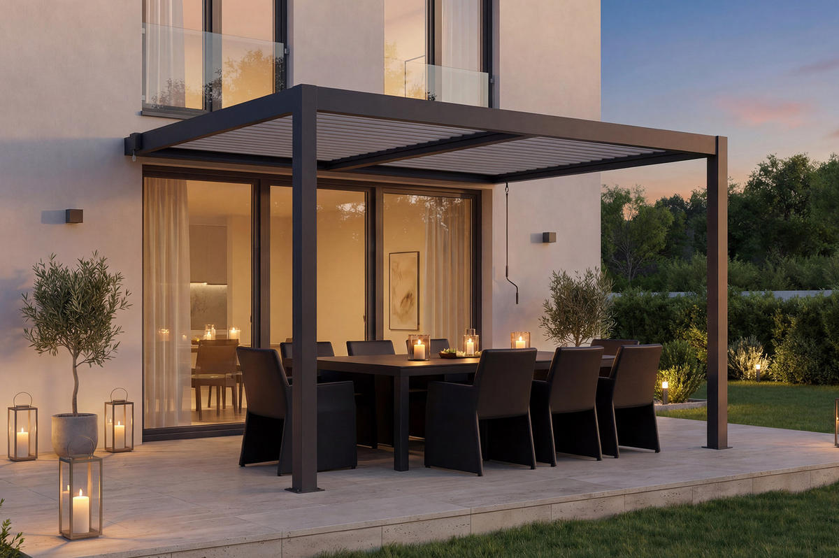 BIOKLIMA-PERGOLA Agosta 4x3m 250 cm hoch an der Wand befestigt Graues Aluminium mit wei - Grau, Metall (394/248/300cm) - Cazeboo