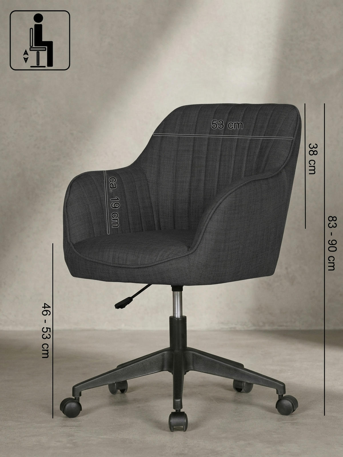 DREHSTUHL Anthrazit Stoff mit Armlehnen in Schalenform MARIA - Schwarz/Grau, Kunststoff/Textil (65/90/65cm) - KADIMA DESIGN