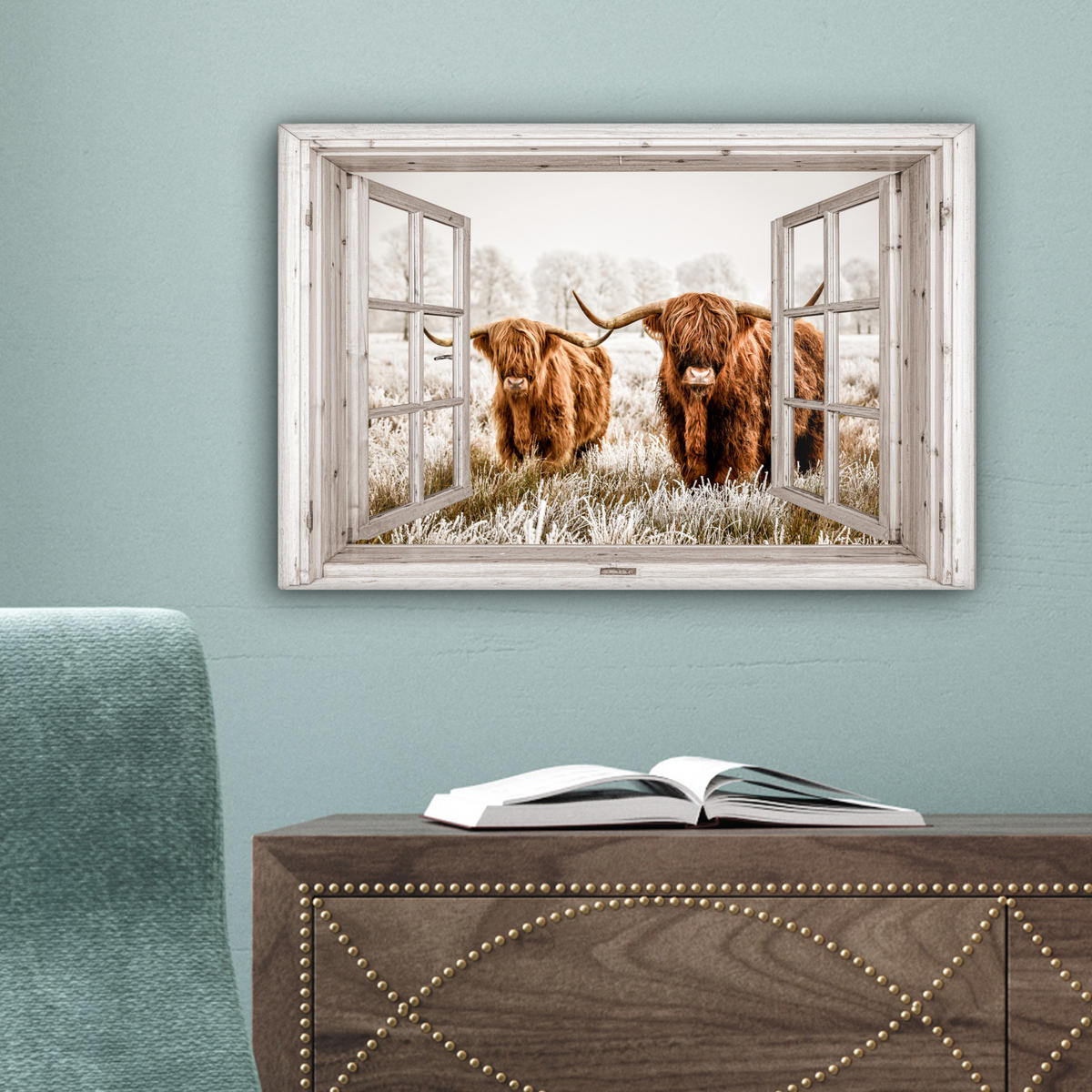 LEINWANDBILD Durchblick - Schottische Highlander - Tiere Deko Schlafzimmer 30x20 cm - Hellbraun, Textil (30/20cm) - MuchoWow