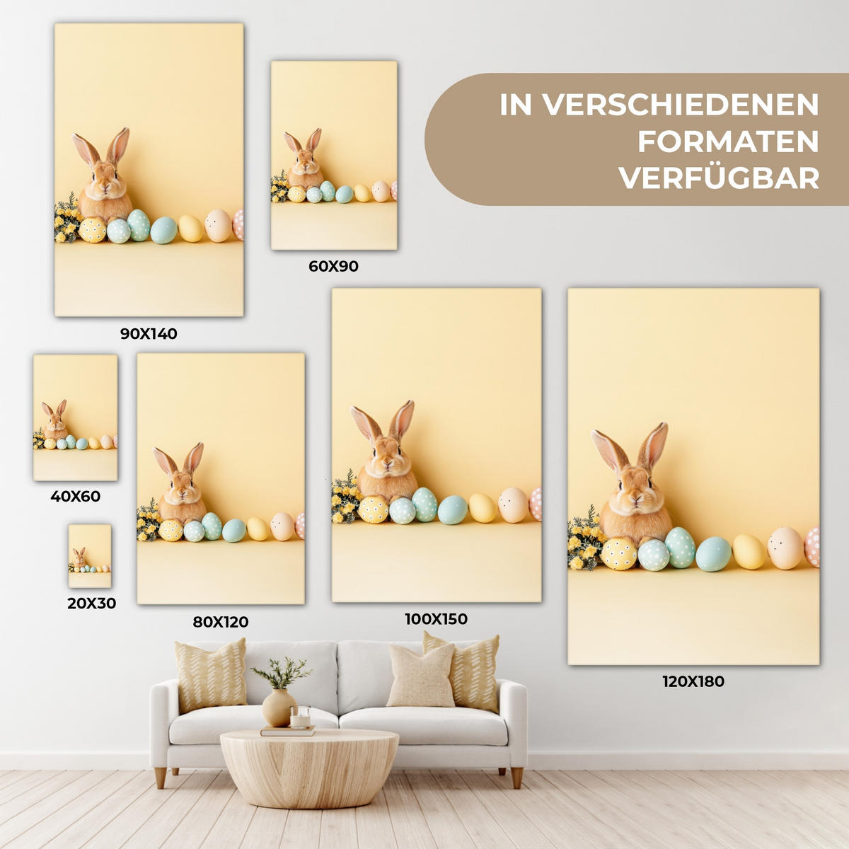 LEINWANDBILD Eier - Kaninchen - Pastellfarbtöne Deko Groß 90x140 cm - Hellgelb, Textil (90/140cm) - MuchoWow