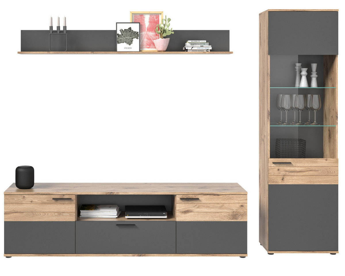 WOHNWAND Eiche, grau 3-teilig 266 cm, Schrankwand mit Soft-Close, Wohnzimmereinrichtung - Eichefarben/Schwarz, Holzwerkstoff/Kunststoff (266/200/47cm) - Inn.Furn