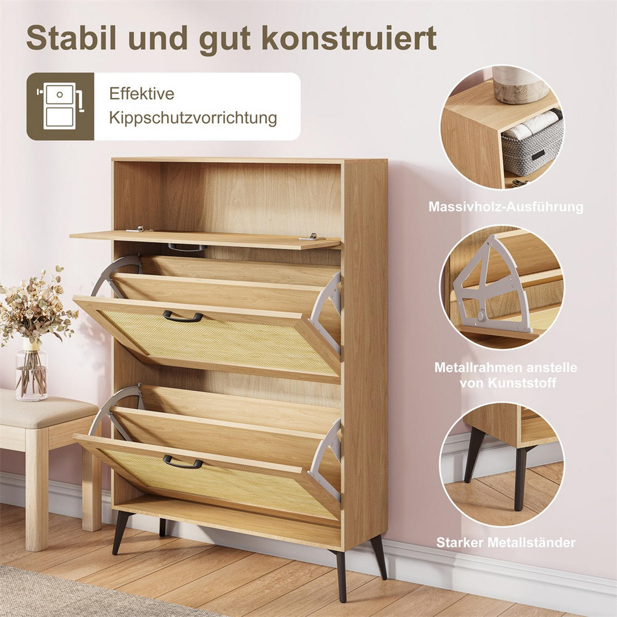 SCHUHSCHRANK im skandinavischen Design - Kipp-Schuhkipper mit 2 Klappen und dekorativem Geflecht - Eichefarben, Holzwerkstoff (24/99/80cm) - DELFA