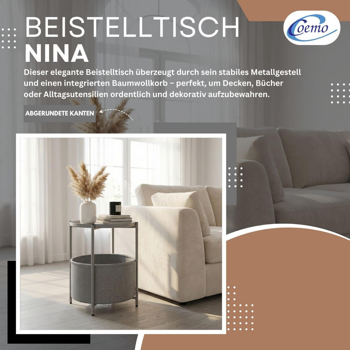 COUCHTISCH NINA Metall mit Aufbewahrungskorb Canvas Grau - Grau, Metall (45/45/48cm) - Coemo