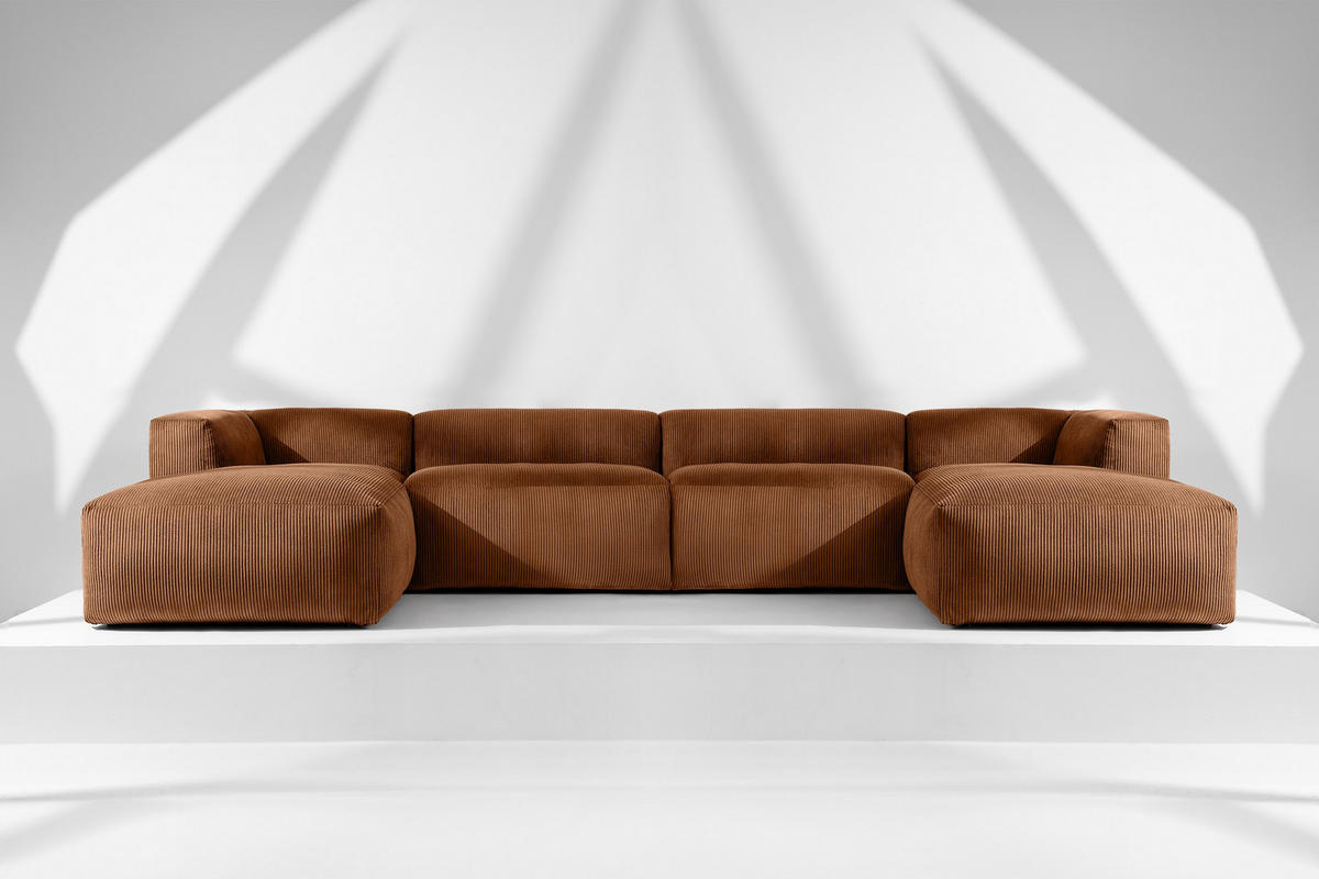 PANORAMA-ECKSOFA BUFFO 7/8 Sitzer mit extrem weicher Sitzfläche, Kordstoff, ore - Orange, Textil (424/73/180cm) - KONSIMO®