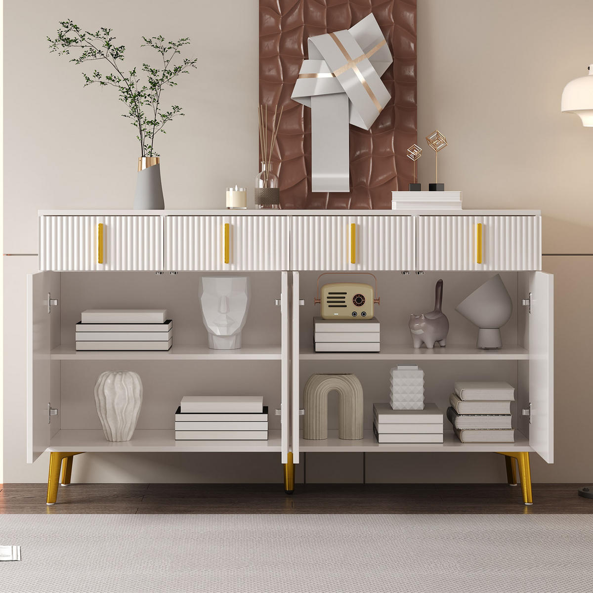 SIDEBOARD aus weißem MDF mit Melamin, 4 Türen und 4 Schubladen, goldene Griffe und Beine, 140/38/82 cm, Weiß - Weiß, Holzwerkstoff (140/82/38cm) - Redom