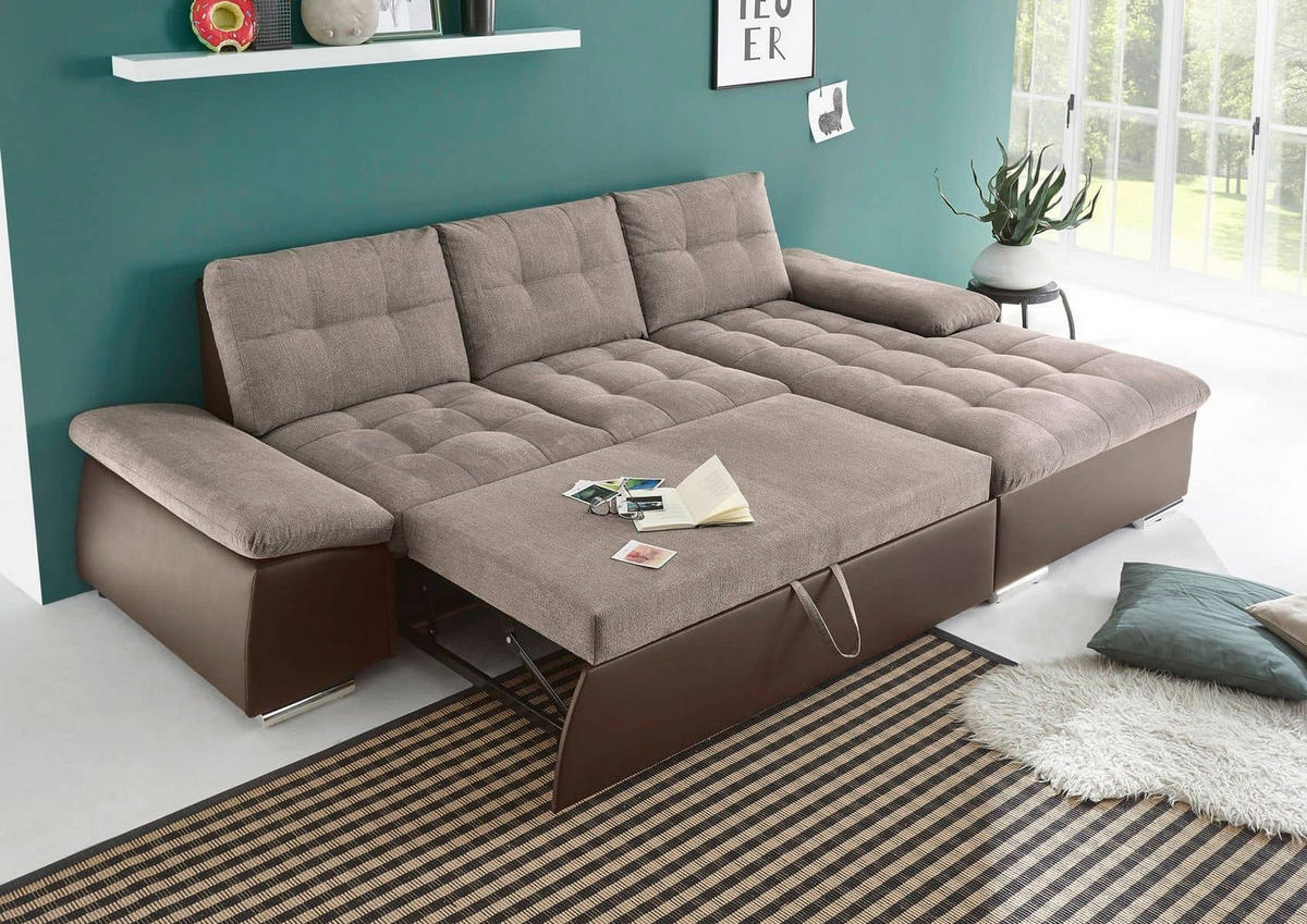 ECKSOFA mit Schlaffunktion und verstellbaren Armlehnen - Chromfarben/Beige, Kunststoff/Textil (170/268cm) - ed exciting design