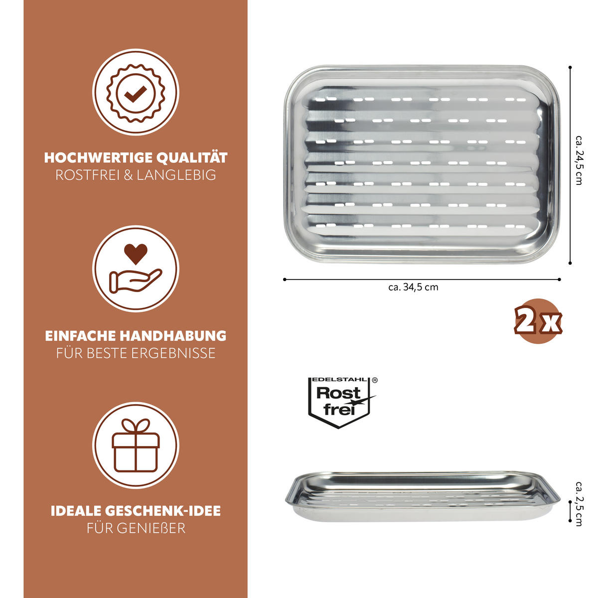 GRILLSCHALE 2er-Set, silber, Edelstahl - Edelstahlfarben, Metall (24.5/2.5/35cm) - bremermann