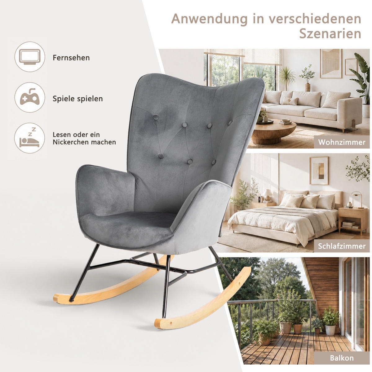 SCHAUKELSTUHL aus Samt im skandinavischen Stil, mit Holz- und Metallbeinen, Grau - Dunkelgrau, Holz/Textil (68/98/85cm) - Meubles Cosy