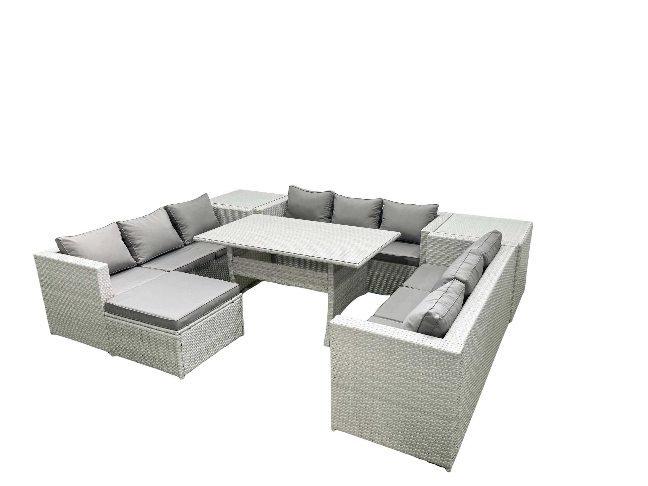 GARTENSET mit Esstisch,Sofa,2 Beistelltischen,Großer Fußhocker Polyrattan Hellgrau 10-Sitzer - Hellgrau/Grau, Glas/Kunststoff - Fimous