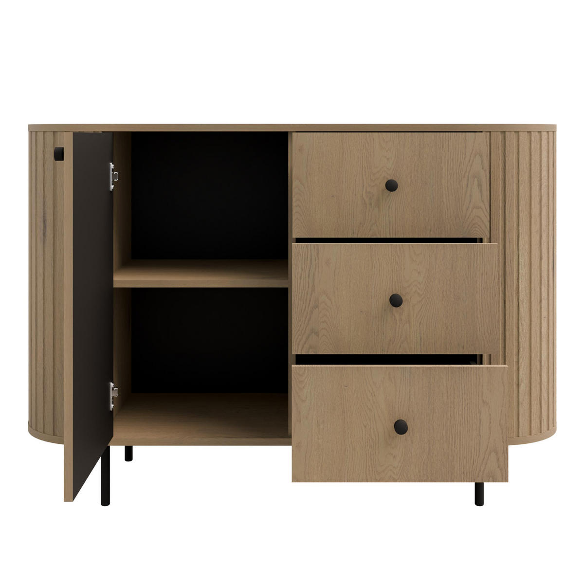 SIDEBOARD Halay Eiche Cremona, 1 Tür & 3 Schubladen Moderne Rillenstruktur 123 cm - Eichefarben/Schwarz, Holzwerkstoff/Metall (123/85.4/42.3cm) - AX Living