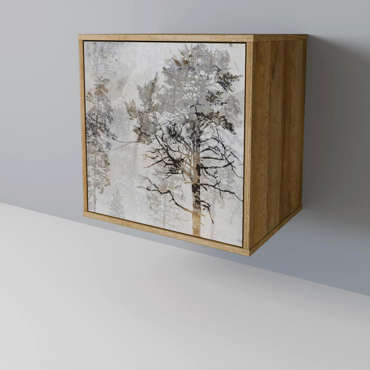 SIDEBOARD FADE IN THE TREES, Eichefarben, 57,5x42x67,5 cm, Schwarze Metall-Rahmenfüße - Eichefarben/Multicolor, Holzwerkstoff/Metall (57.5/67.5/42cm) - SpaceRebels