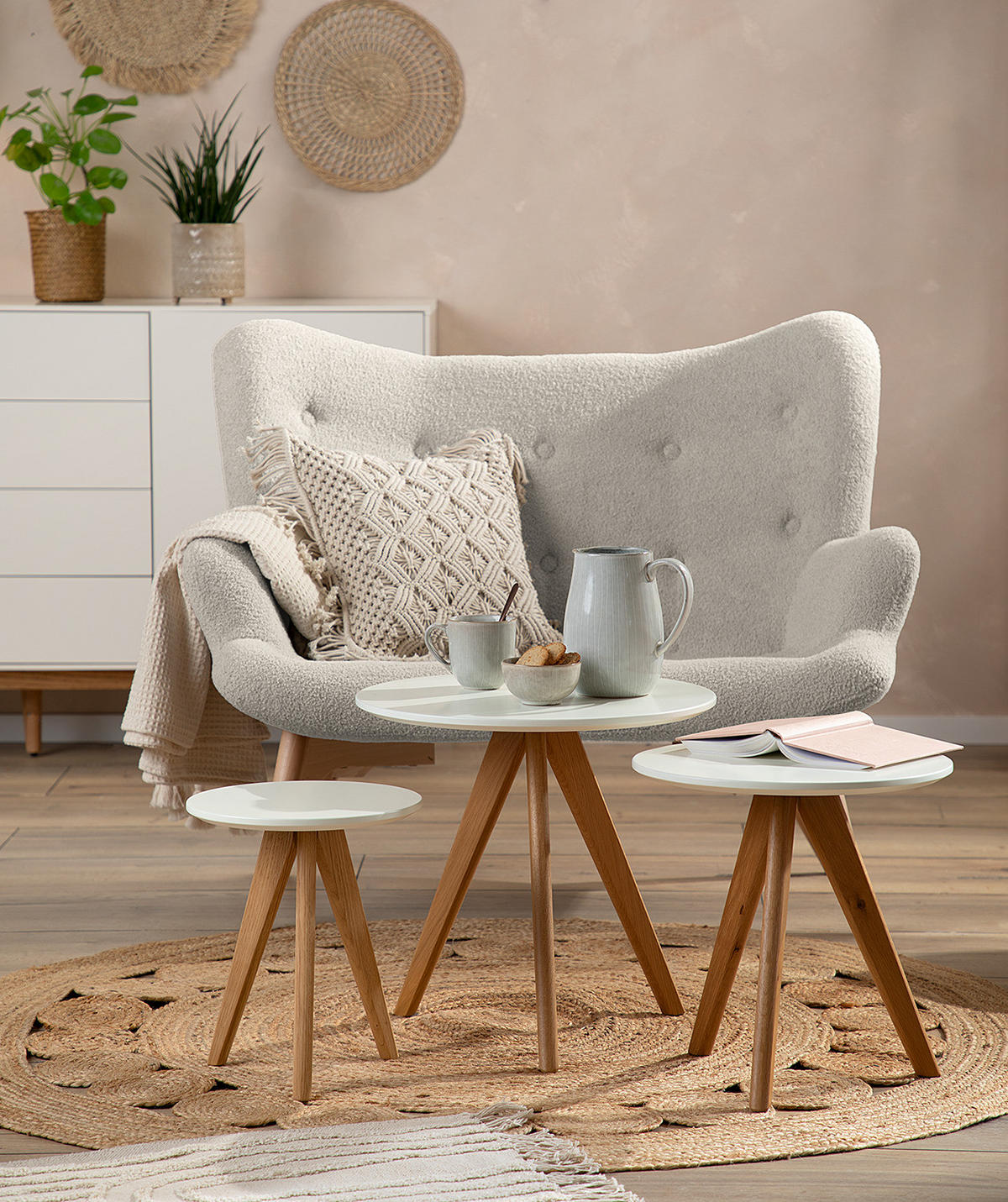 BEISTELLTISCH - 3-teilig - Eiche teilmassiv - Weiß / Eiche - Braun/Weiß, Holz/Holzwerkstoff (48/48/45cm) - home24