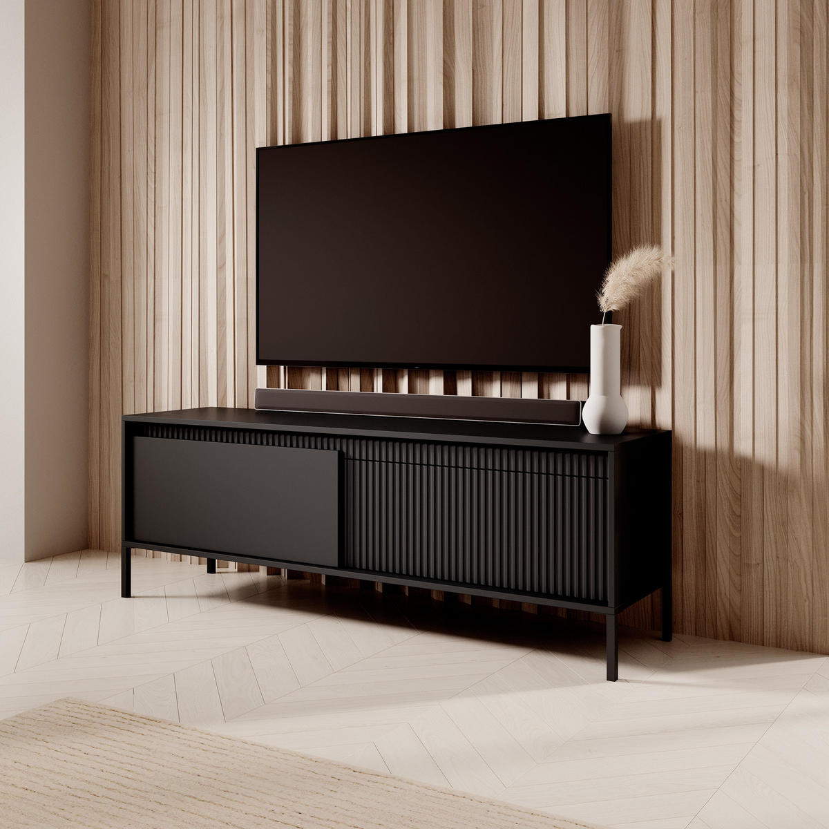 TV-LOWBOARD Ferrato D 153 cm Schwarz - mit 2 Türen und Riffel-Optik - Schwarz, Holz/Holzwerkstoff (153/53/39cm) - Ravio