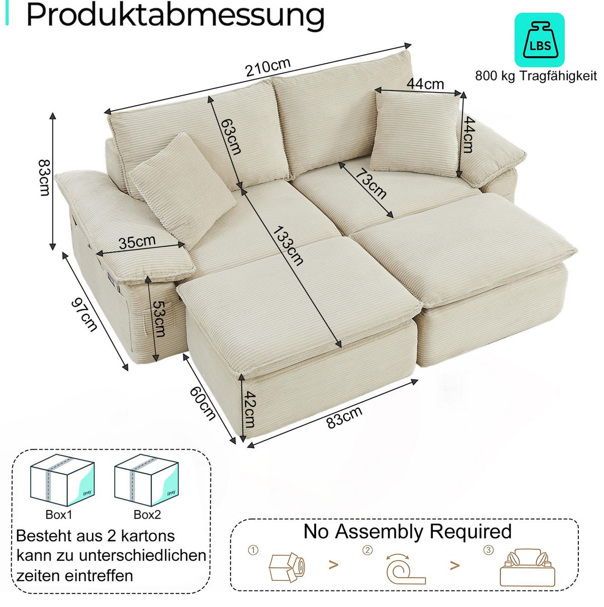 2-SITZER-BODENSOFA 156/206/65 cm beige aus Stoff mit Fußstütze und Seitentaschen - Beige, Textil (206/65/156cm) - OKWISH
