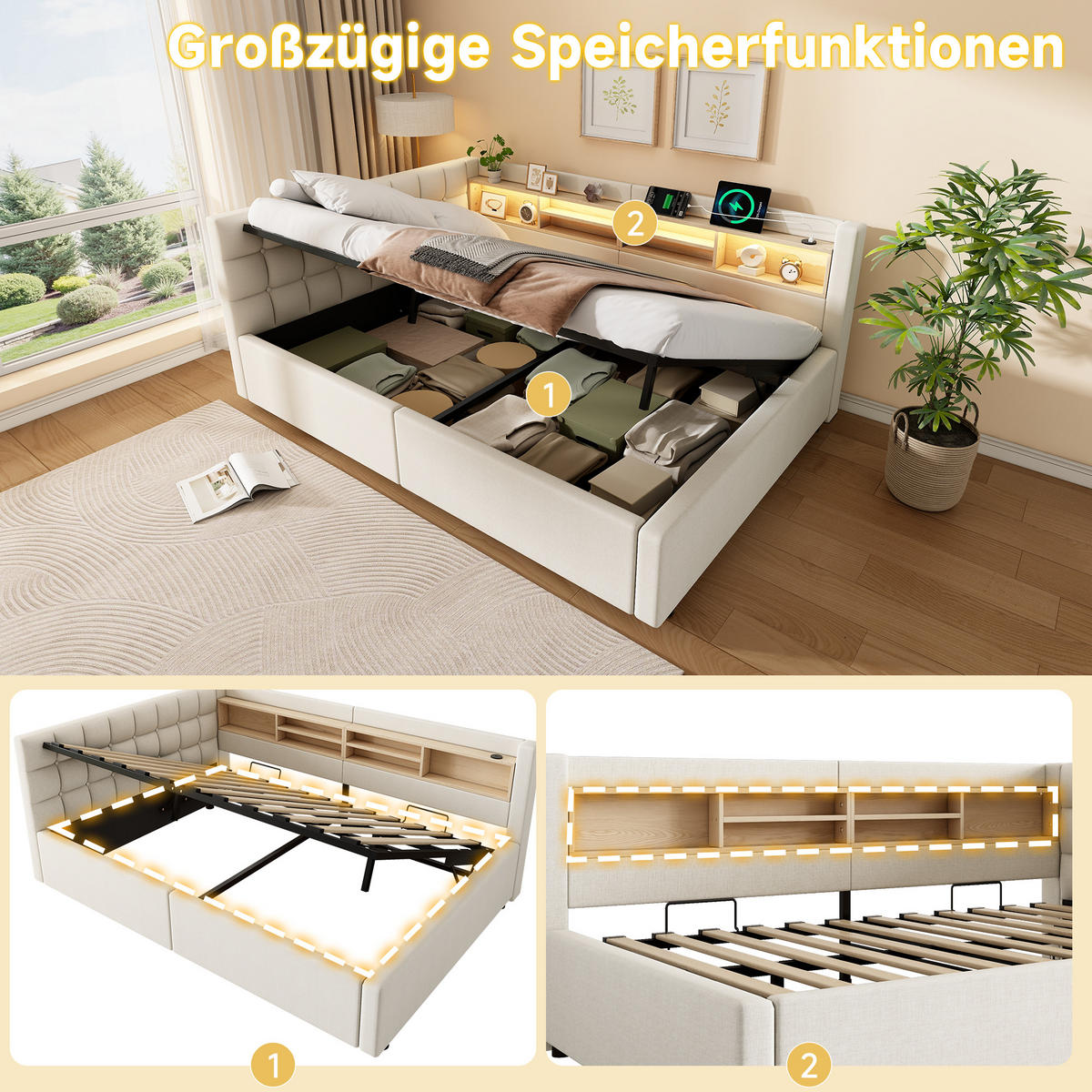 TAGESBETT 140x200cm Schlafsofa Hydraulik LED USB Beige - Beige, Naturmaterialien (140/200cm) - FLIEKS