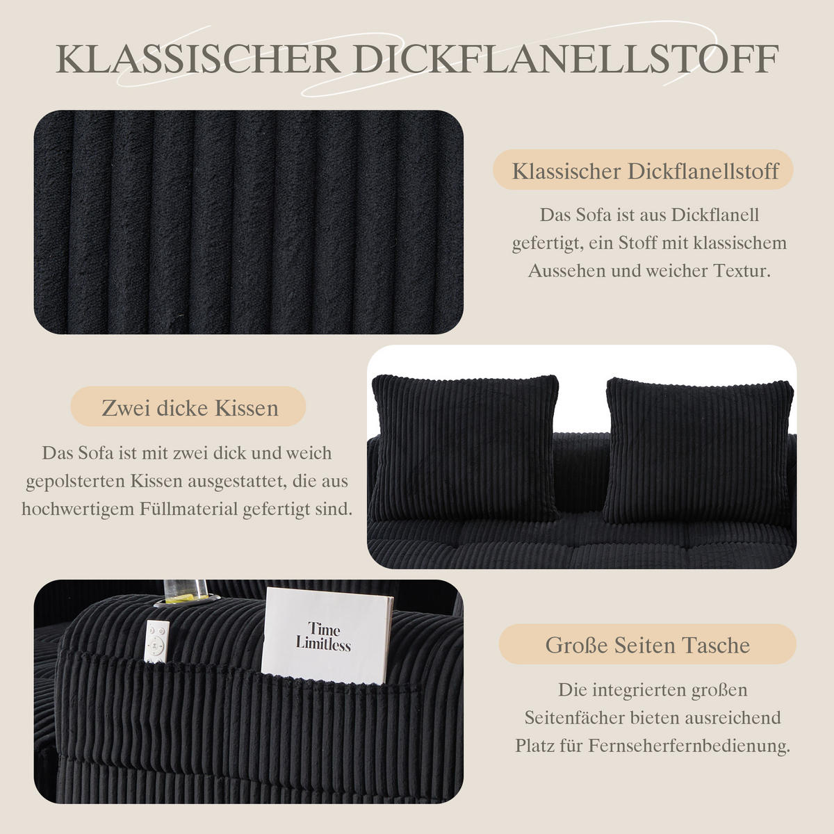 CHAISELONGUE in Cord Übergroßer Relaxsessel mit Seitentaschen - Schwarz, Textil (158/61/93cm) - Urban Meuble