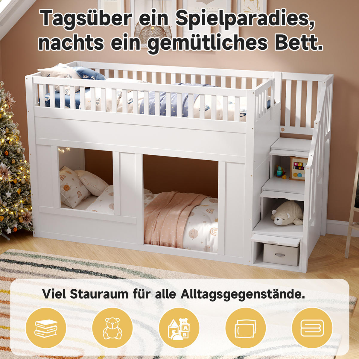 HOCHBETT 90/200 cm mit Treppenschrank, Stauraum und umbaubarem Spielbereich, Weiß - Weiß, Holzwerkstoff (90/200cm) - Redom