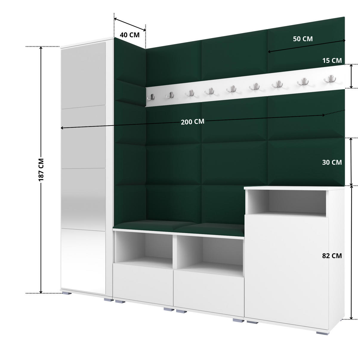 GARDEROBE NELA X 200 cm (Modulare Flurmöbel Weiß mit Spiegel & Sitzpolster Flaschengrün 28 Schrank + Sideboard) - Dunkelgrün/Silberfarben, Holz/Holzwerkstoff (200/187/40cm) - Ravio