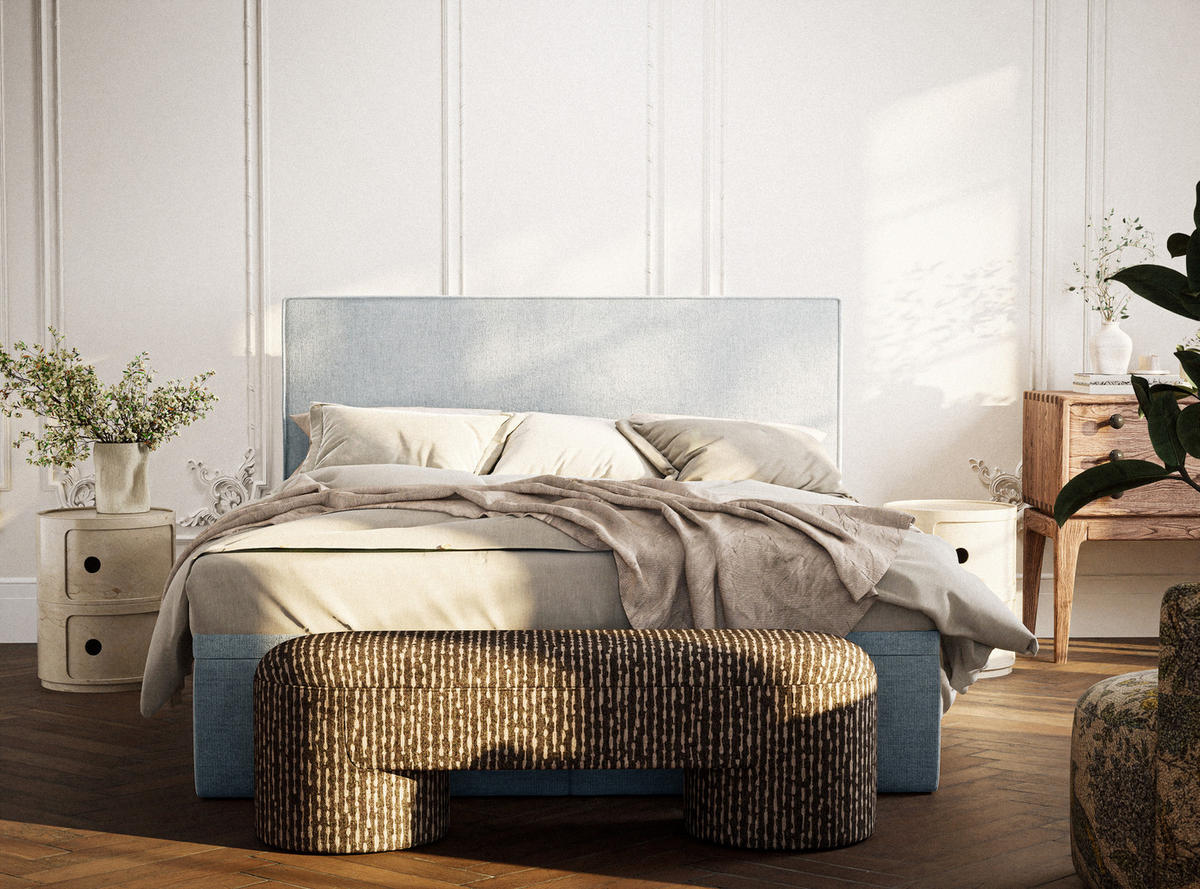 BOXBETT 140/200 cm Tegal, in Hellblau, Matratze, gepolstertes Kopfteil, Bettkasten, H3 = fest - Schwarz/Hellblau, Holz/Holzwerkstoff (140/200cm) - Maison de Reve