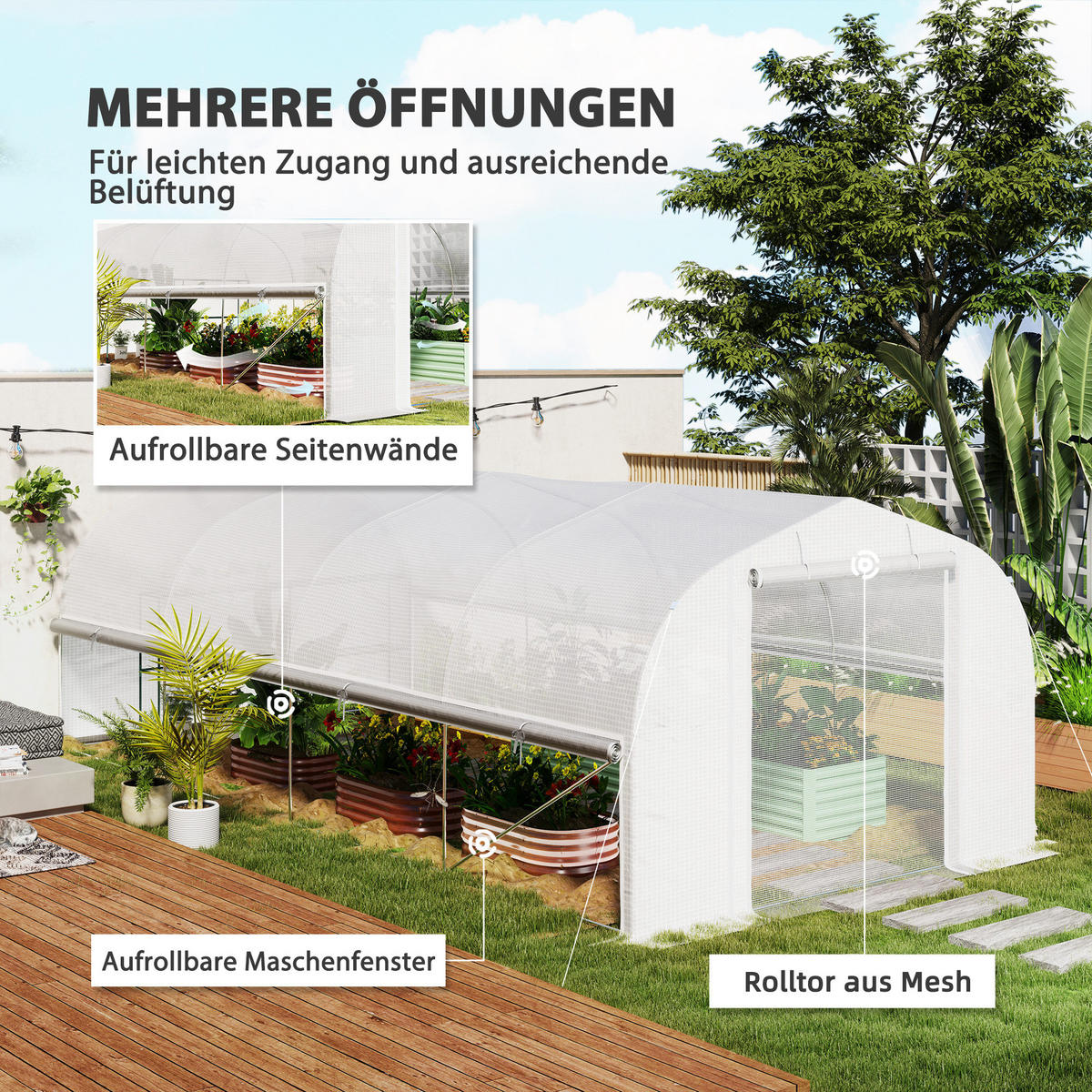 GEWÄCHSHAUS 6 x 3 x 2 m mit 8 Fenster & Tür, Weiß - Weiß, Kunststoff (300/200/595cm) - Outsunny