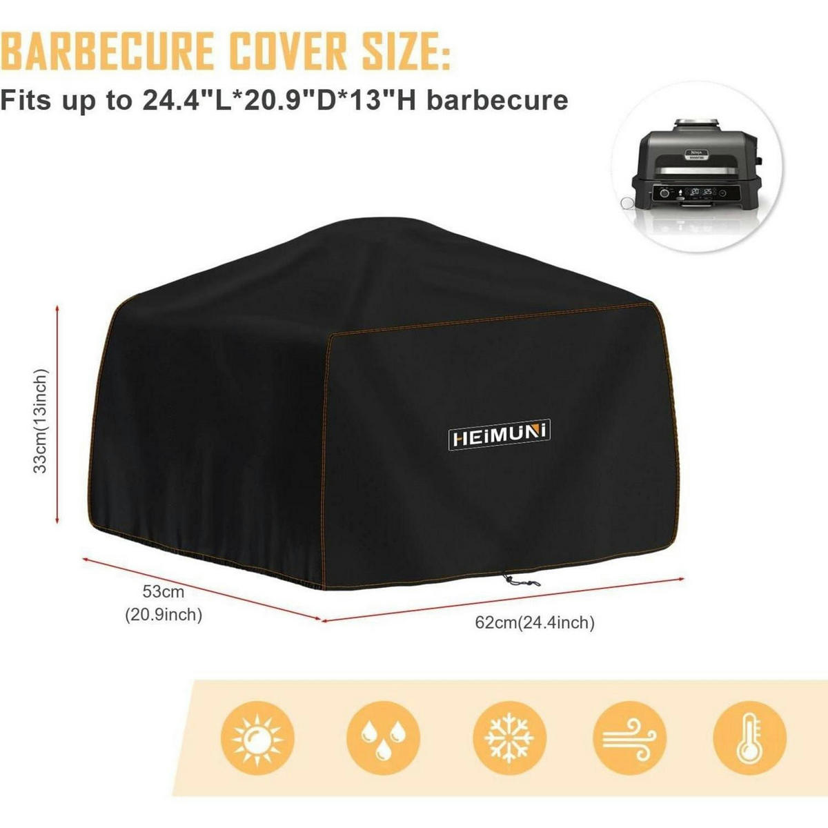 GRILL Abdeckhaube 62 x 53 x 33 cm Wasserdicht für Ninja Woodfire XL BBQ Grill OG850/OG901 - Schwarz, Kunststoff (1/1/1cm)