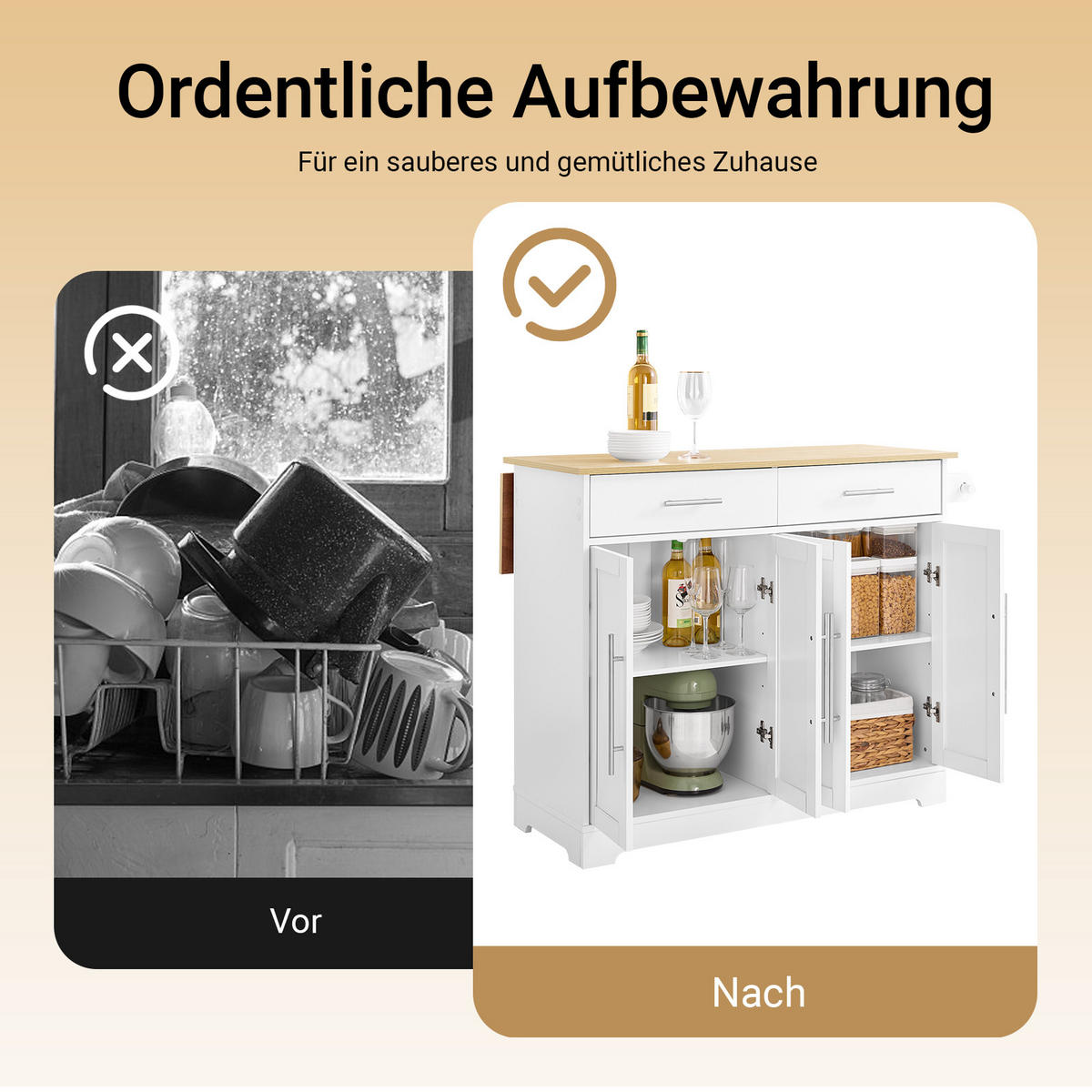 KÜCHENINSEL mit Rollen Weiß-Natur - Weiß, Holzwerkstoff (113/91/69cm) - SoBuy