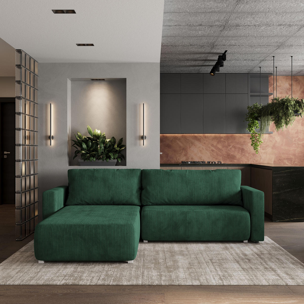 ECKSOFA TURIN P Grün Kordstoff mit Schlaffunktion - Grau/Grün, Holz/Kunststoff (265/183cm) - MASSENO