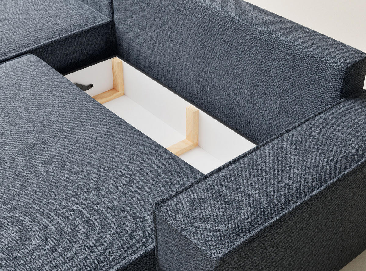 ECKSOFA MIT SCHLAFFUNKTION Maze Blau Grau Webstoff - Blaugrau/Schwarz, Holz/Holzwerkstoff (294/185cm) - Maison de Reve