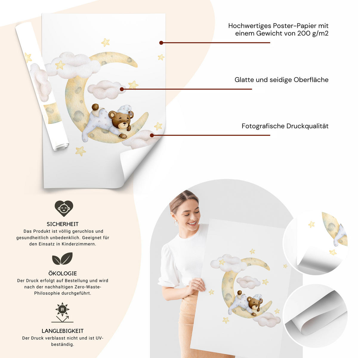 SADA PLAGÁTOV Do Detskej Izby Mackovia Mesiace Oblaky Hviezdy 3x Plagát A3 30 x 42 cm - hnedá/žltá, papier (30/42/1cm) - Muralo