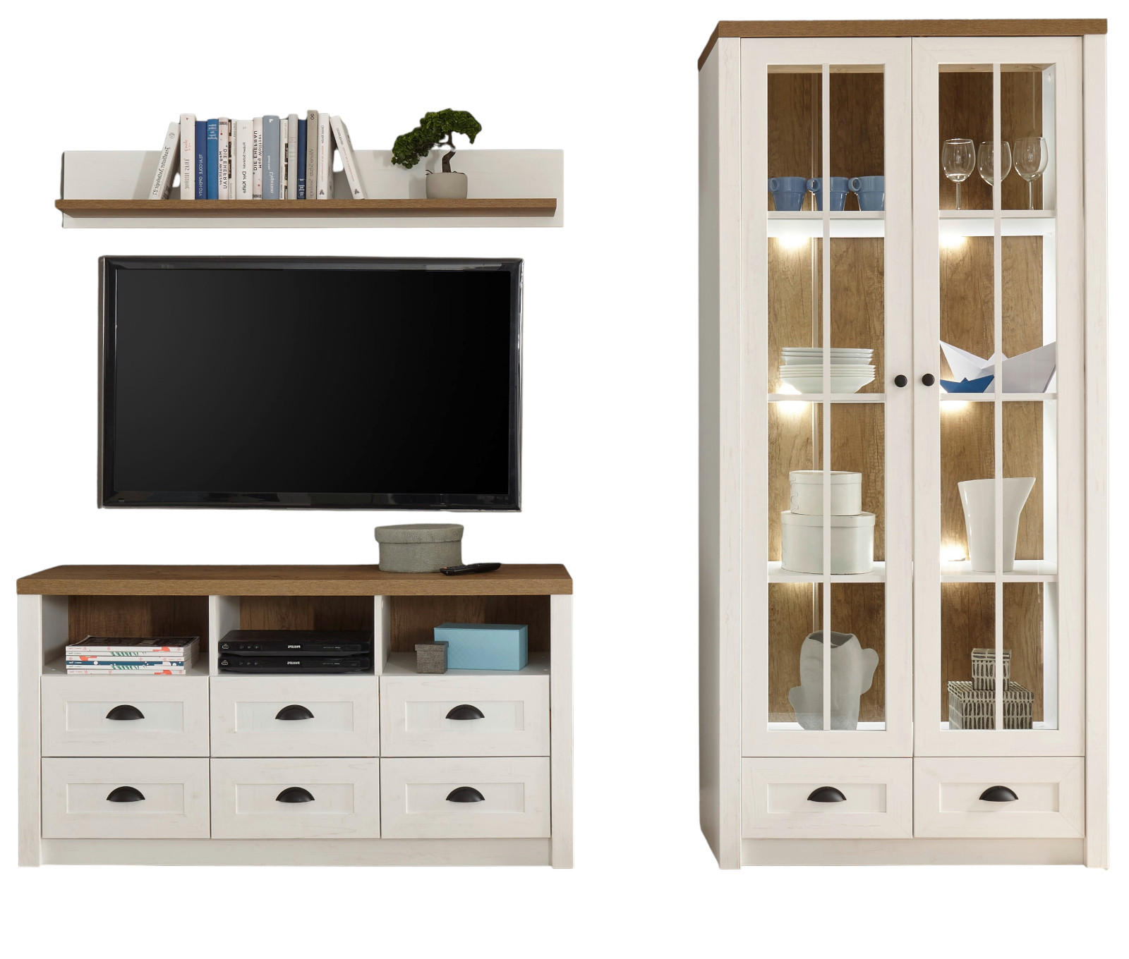 WOHNWAND weiß Pinie, Eiche hell 3-teilig 240 cm, Wohnkombination Landhausstil - Eichefarben/Schwarz, Holzwerkstoff/Kunststoff (240/198/43cm) - Furn.Design