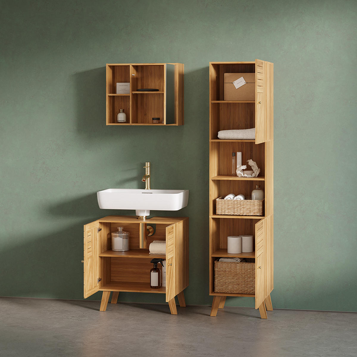 VANITY ENOTA ZA UMIVALNIK Olona, Bambus, 60 x 65 cm z 2 vrati - naravne barve, leseni material (60/65/36cm) - Livinity®