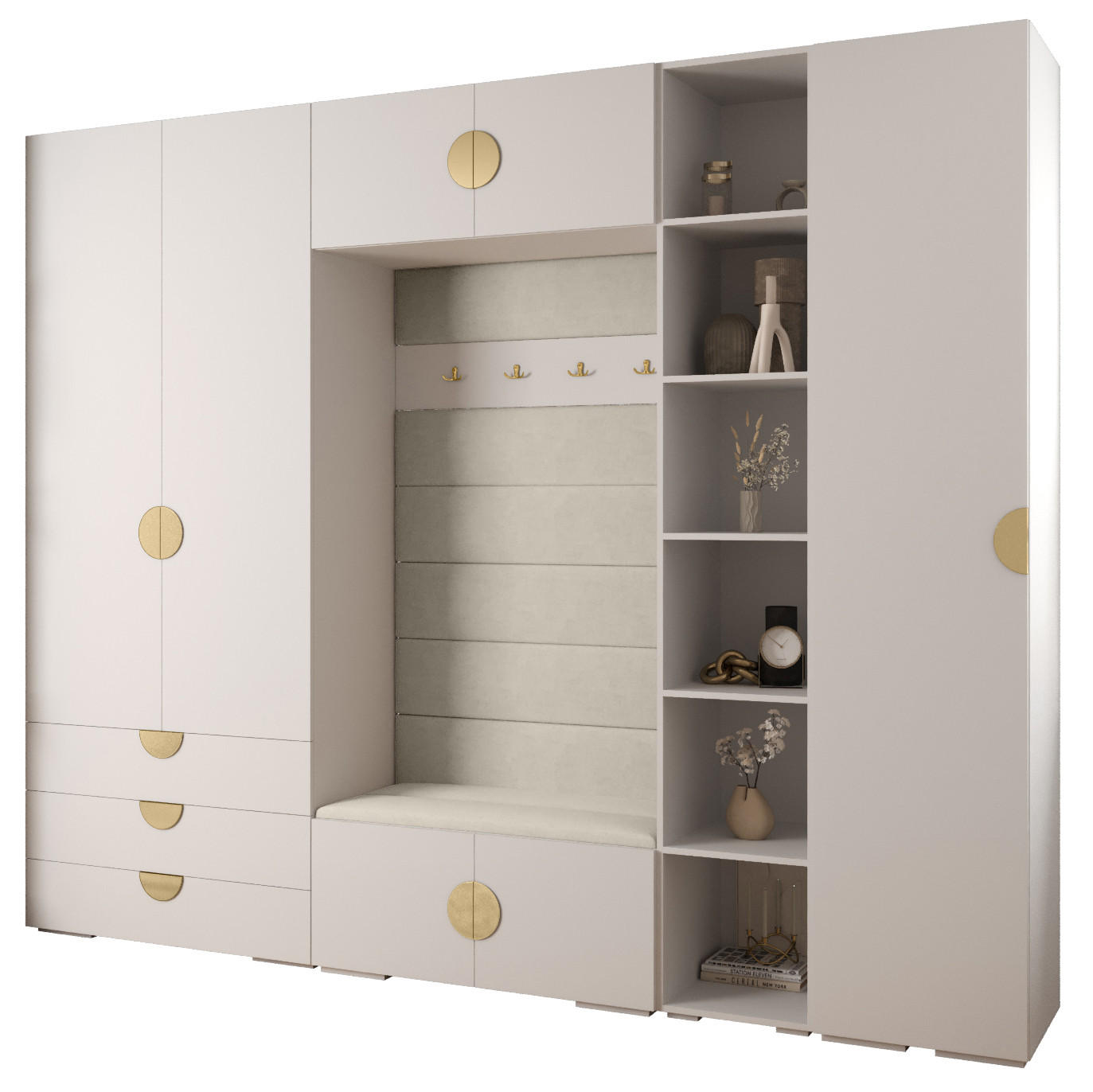 Abiks Möbel Garderoben-Set Weiß, Beige, Gold 290x236.7x47 cm