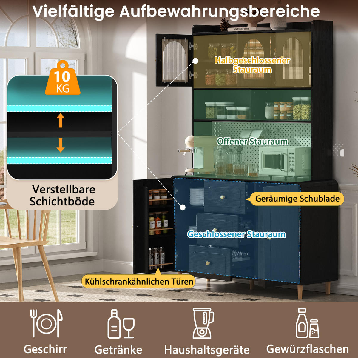 BUFFET 120/40/190 cm aus MDF mit Lochplatte und 3 Schubladen Schwarz - Schwarz, Holzwerkstoff (120/190/40cm) - Modenvie