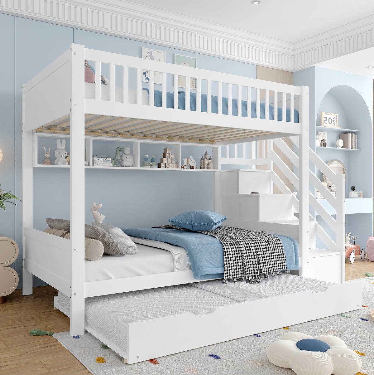 ETAGENBETT 254/95/165 cm aus Kiefernholz mit Ausziehbett und Kleiderschrank Weiß - Weiß, Holz (90/200cm) - Modenvie