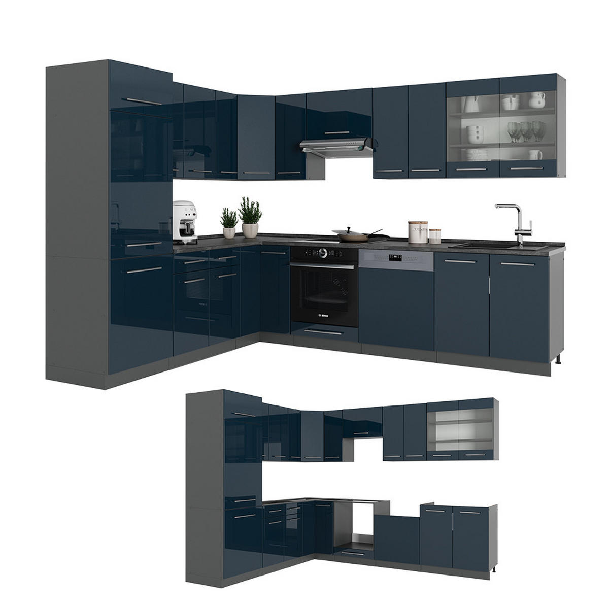 ECKKÜCHE Fame-Line Dunkelblau Hochglanz/Anthrazit 227 x 60 cm ohne AP - Anthrazit/Dunkelblau, Holzwerkstoff (287/81.6/46cm) - Vicco
