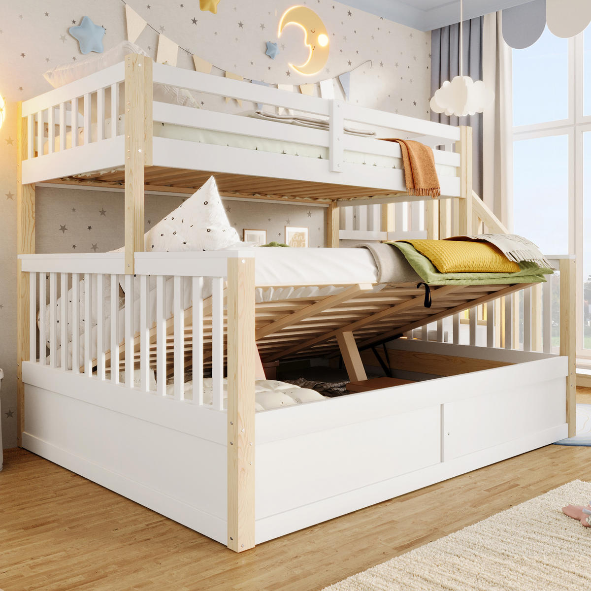 ETAGENBETT Holzbett 90x200+140x200 Weiß/Natur - Naturfarben, Holz (90/200cm) - ComfortXL