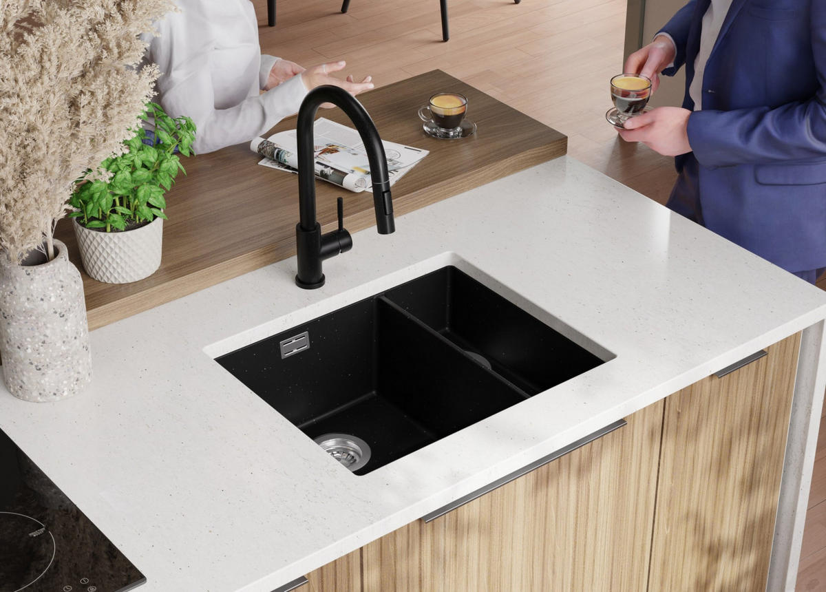 UNTERBAUSPÜLE GRANIT London Duo, 2-er set Schwarz Metallic 56/47 cm 1,5 Becken + Ablauf-Set ab 60er Unterschrank - Chromfarben/Schwarz Hochglanz, Kunststoff (56/20/47cm) - Primagran