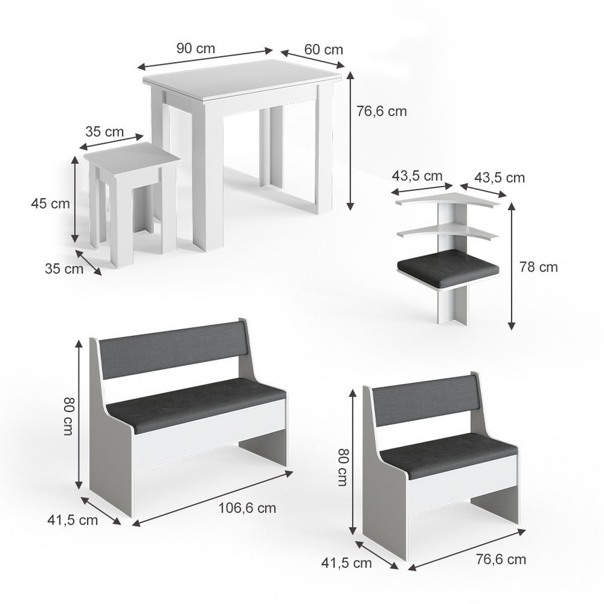 ECKBANKGRUPPE Roman Weiß 150 x 41.5 cm mit Tisch - Anthrazit/Weiß, Holzwerkstoff (150/80/120cm) - Vicco