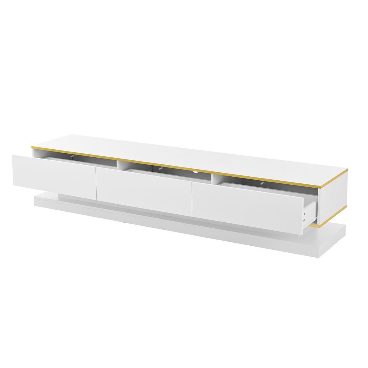 TV-LOWBOARD aus Spanplatte 200x40x40 cm Warmweiß mit Goldrand, Hochglanz, 3 Schubladen und offenen Fächern - Weiß, Holzwerkstoff (200/40/40cm) - Modfu