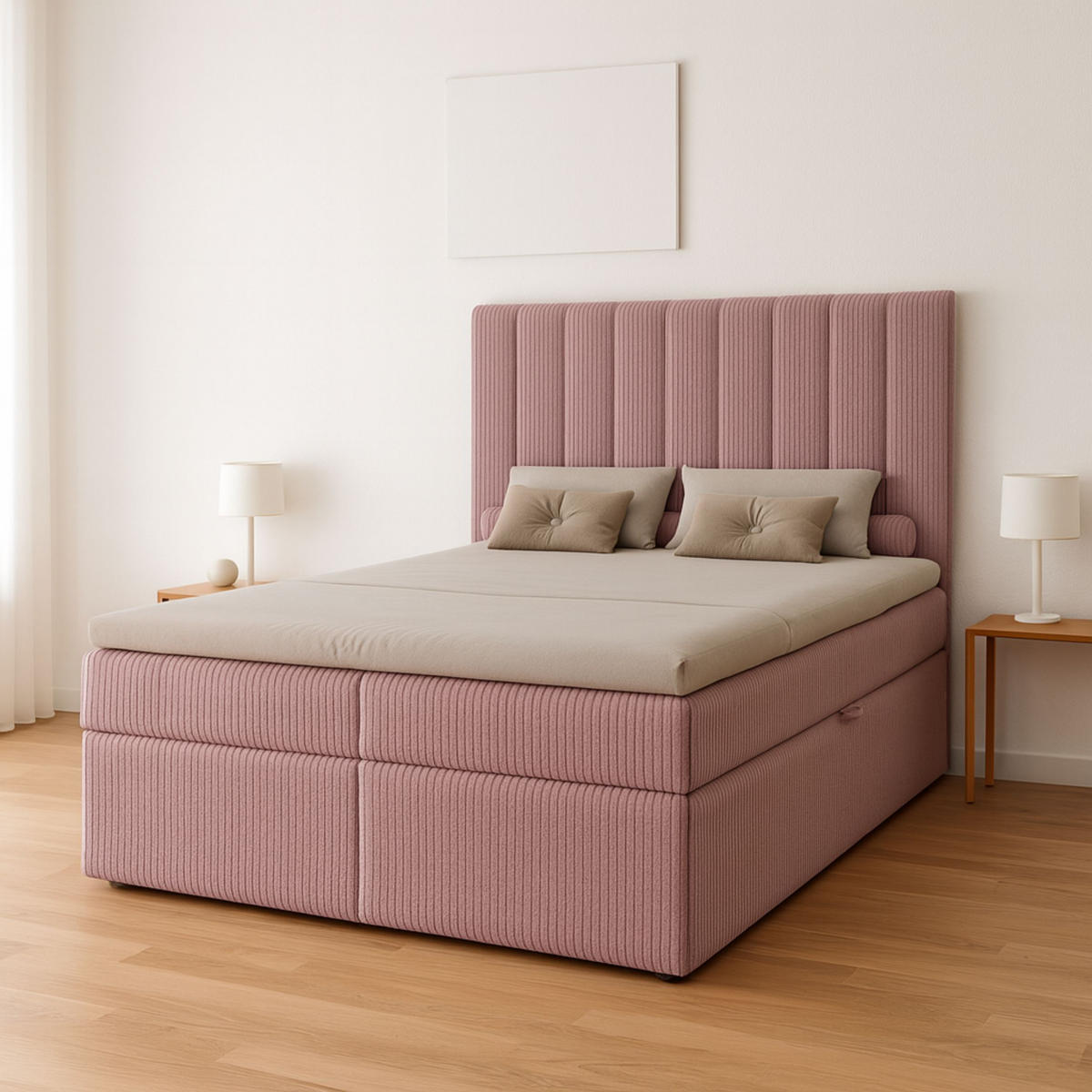 BOXBETT Nero mit 2 Bettkästen, 120x200, Farbe: Lila, Cordstoff, Doppelbett mit Bonell-Matratze inkl. Topper - Lila, Holz/Kunststoff (120/200cm) - Marpur